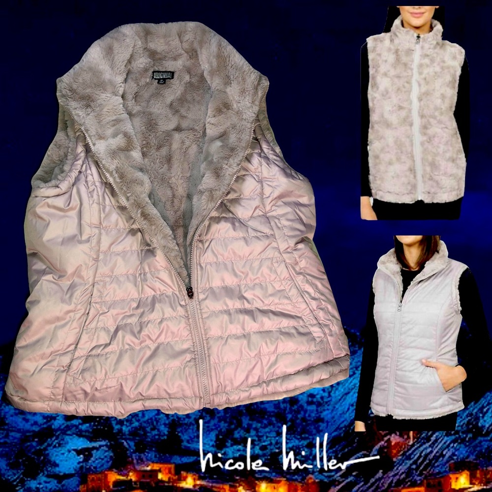 Nicole Miller Original Reversible Vest Womens Size XL Silver Faux Fur Puffer